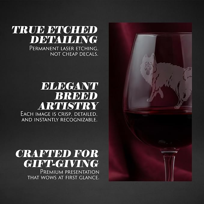 Etched Laser Art Black Norwegian Elkhound Personalized Dog Themed Etched 12.75oz Wine Glass Custom Dog Breed Wine Glasses for Pet Lovers, Unique Birthday Gift for Men & Women, Personalized Gift