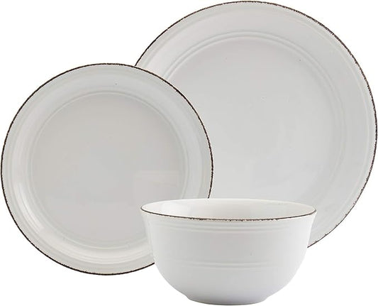 Tabletops Gallery Fashion Dinnerware- Stoneware White Rimmed Round Dishes Service for 4 Dinner Salad Appetizer Dessert Plate Bowls, 12 Piece White Antiqued Farmhouse Dinnerware Set