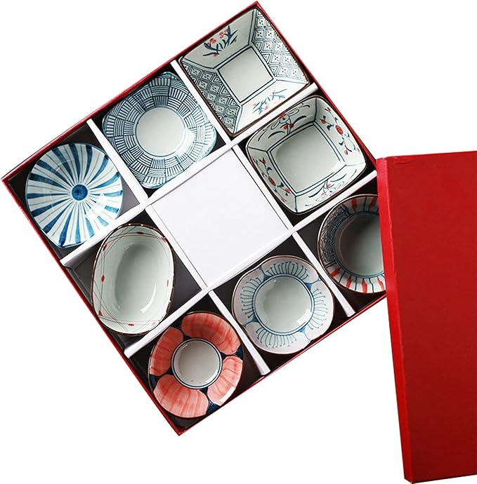 Appetizer Plates, Ceramic Sushi Dinnerware 8pc Set,Sushi Plates Soup Sauce Bowls,Dip Dish for Serving Dips, Dressings, Sauces, Appetizers-B