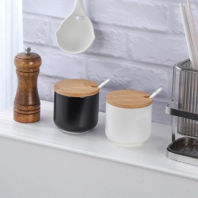 VanEnjoy Set of 2 Black Sugar Bowl with Lid 10oz Ceramic Sugar Bowl Salt Cellar with Lid and Spoon Salt Jar for Seasoning Sugar Container with Spoon