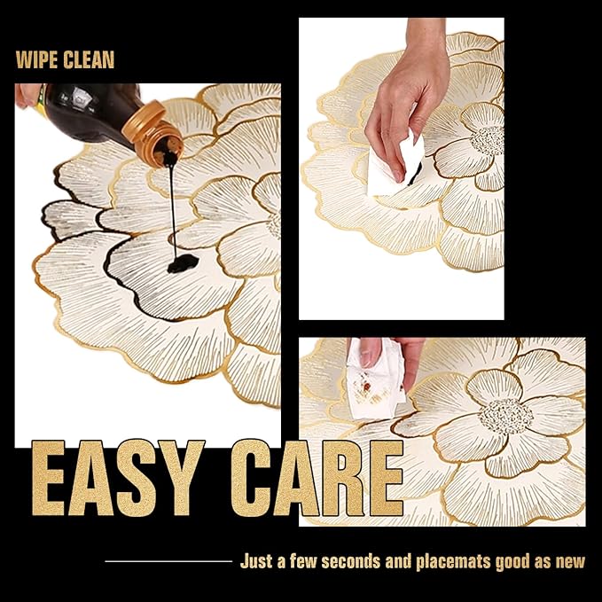 FAVE 12PCS Floral Round Placemats Gold Placemat Vinyl Placemats Set of 12 for Wedding, Banquet, Birthday, Party, Restaurant Table Mats Reusable Metallic Shiny Gold Placemat(Golden Peony, 12PCS)