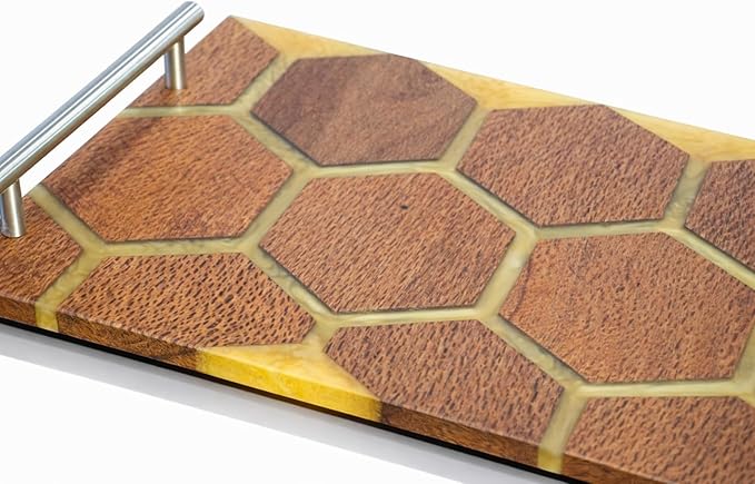 Acacia Wood Epoxt Resin Serving Tray with Silver Handal Gift for Housewarming Wedding Friends, Tea Lover Coffee Serving Tray