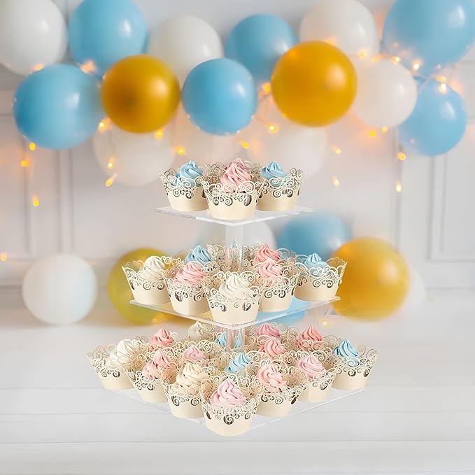 Cupcake Stand with Base, 3-Tier Square Acrylic Cupcake Display Stand Dessert Tower Pastry Stand Premium Cupcake Holder for Wedding Birthday Theme Party- Transparent