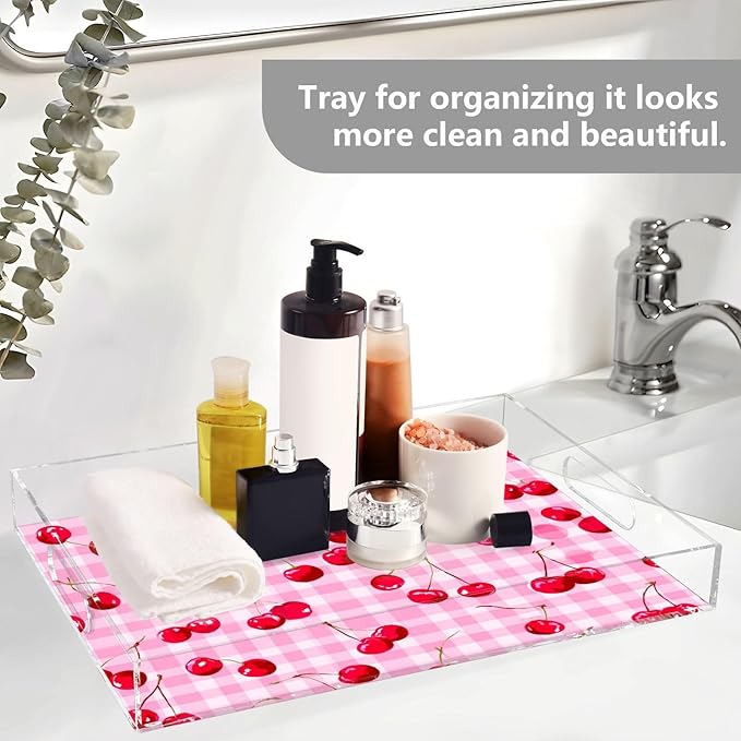 Serving Tray with Handles Clear Acrylic Tray 12x16 Inch Decorative Rectangular Tray Organizer for Ottoman Coffee Table Bathroom Pink Juicy Checkered Cherry