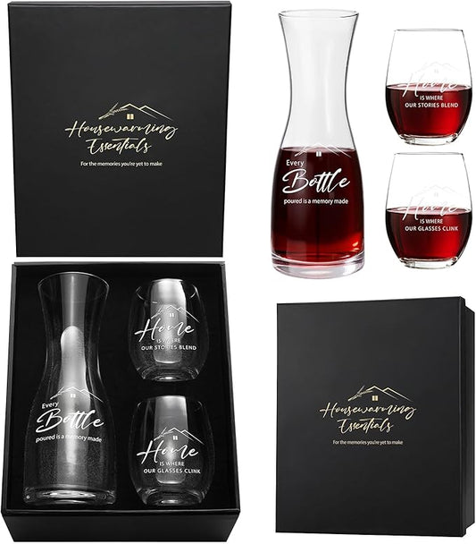 AW BRIDAL House Warming Gifts New Home Wine Glasses and Decanter Set, 2025 Closing Gifts for Home Buyers and Homeowner, New Apartment Gift Basket for Women Friend, First House Gift for Couple Newlywed