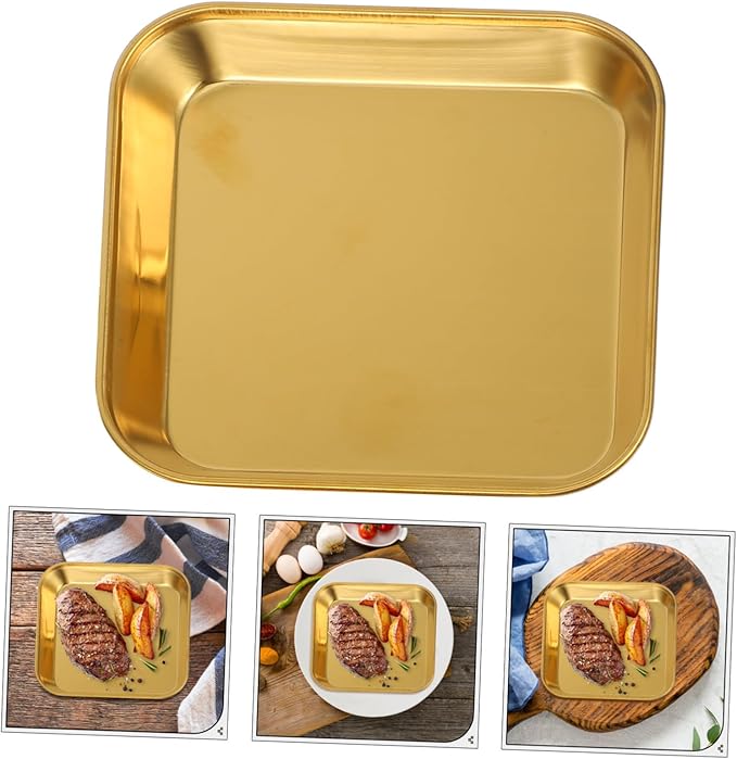 Ciieeo 2pcs Stainless Steel Food Trays Baking Small Square Metal Dinner Plates Gold Serving Tray for Appetizer Cookie