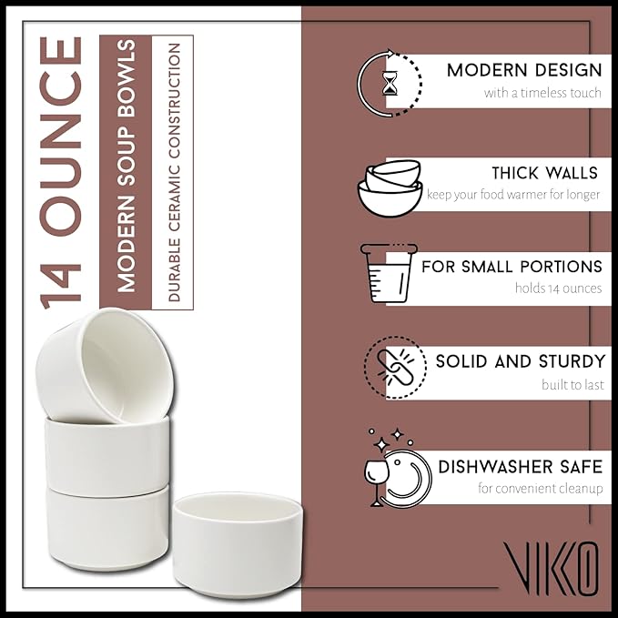 Vikko Modern Soup Bowls, Set of 4 Matte White Porcelain Bowls, Stackable 14 oz Elegant Restaurant Style Soup Bowl Set, Microwave and Dishwasher Safe