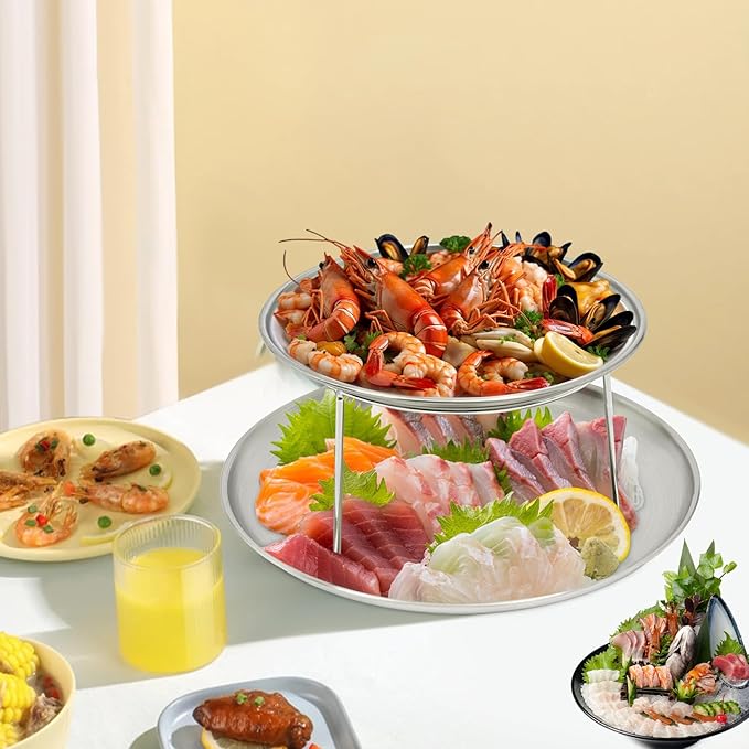 2 Tier Seafood Serving Tray, Silver Round Plate with Bracket for Lobster Shrimp Oysters Buffet Catering Events Shrimp Crab Veggie Serving Display