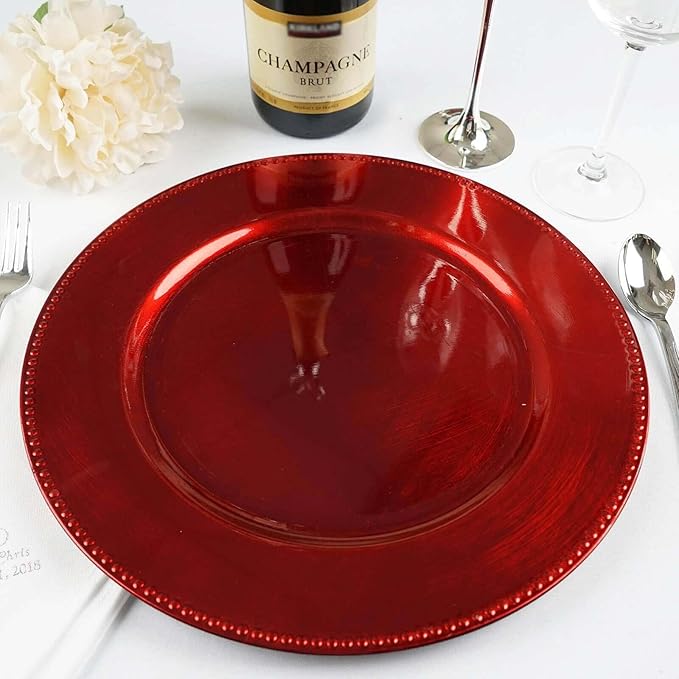 13" Charger Plates -Set of 12 - Acrylic Red Round Beaded Disposable Chargers, Ideal for Dinner Party Wedding Bulk Events Tabletop Decoration