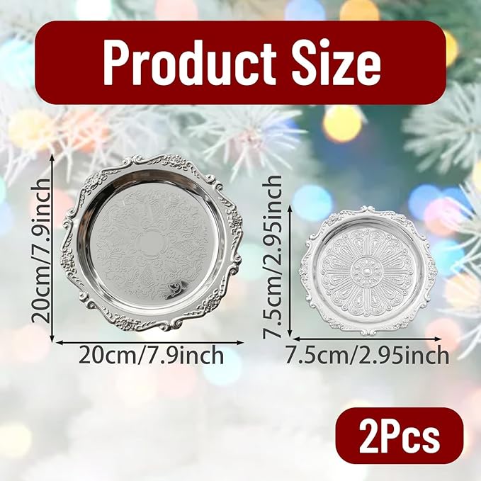 2 pcs Silver Platter, Silver Platter Tray, 8-Inch and 3-Inch Decorative Set, Alloy Metal Serving Dish for Food Display and Home Decor