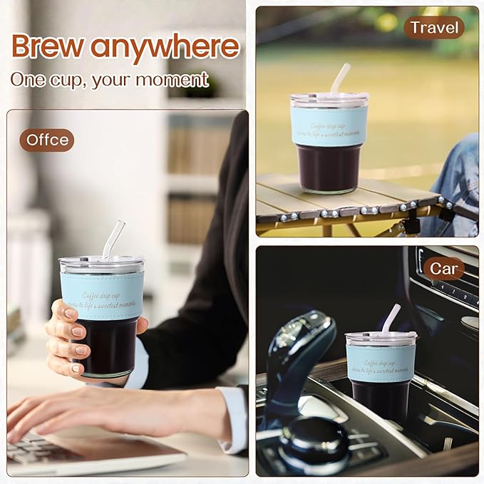 NANSPATH380ml Single-Serve Pour Over Coffee Maker, Thick Glass Drip Cup with Reusable 600-Mesh Stainless Steel Filter, Portable Coffee Brewer with Lid, Straw & Stirring Spoon (Transparent color)