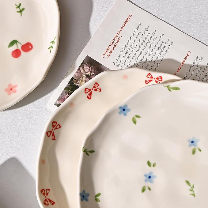 Koythin Ceramic Dessert Plates, Cute Fruits Dinner Plate, Creative Plates Design, Printed Flowers Dinnerware for Office and Home, Kitchen Plates for Desserts (Cute Bow)