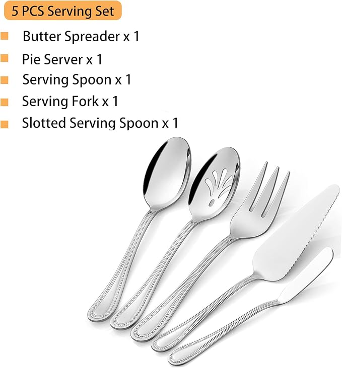 HaWare Serving Utensils, 5 Pieces Stainless Steel Silverware Set, Pearled Edge Hostess Flatware for Buffet Party Kitchen Restaurant, Mirror Finished & Dishwasher Safe