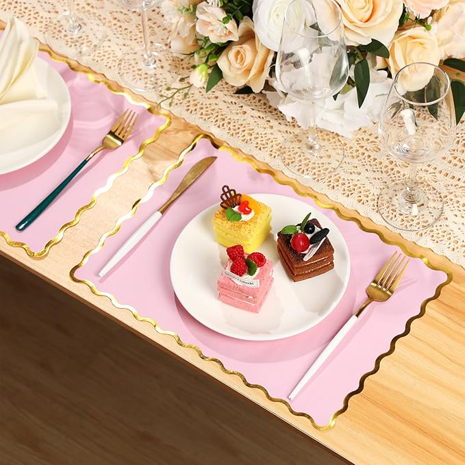 150 Pcs Disposable Paper Placemats Bulk 10"x14" Rectangle Place Mats with Scalloped Edges Dining Table Mat for Wedding Birthday Easter Party Table Decoration(Pink)