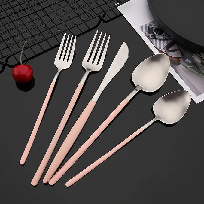 JASHII Matte Pink and Silver Silverware Set, 304 Stainless Steel Flatware Set Service for 4, Tableware Cutlery Set for Home Restaurant Party, Dinner Forks/Spoons/Knives, Slim Handle, Dishwasher Safe