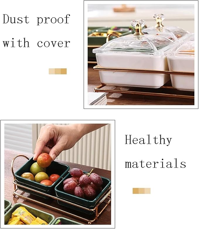 Divided Spice Plate with Lid, Metal Tray, Removable Compartment, Dipping Bowls for Appetizers, Fruit, Ice Cream, Sweets, Nuts, Snacks, Chips, Dip Bowls, Ceramic Sauce Plates (Colour: B)