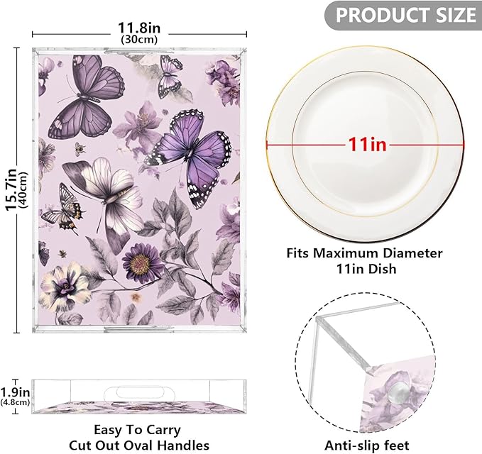 Serving Tray with Handles Clear Acrylic Tray 12x16 Inch Decorative Rectangular Tray Organizer for Ottoman Coffee Table Bathroom Pastel Purple Butterflies and Vintage Flowers