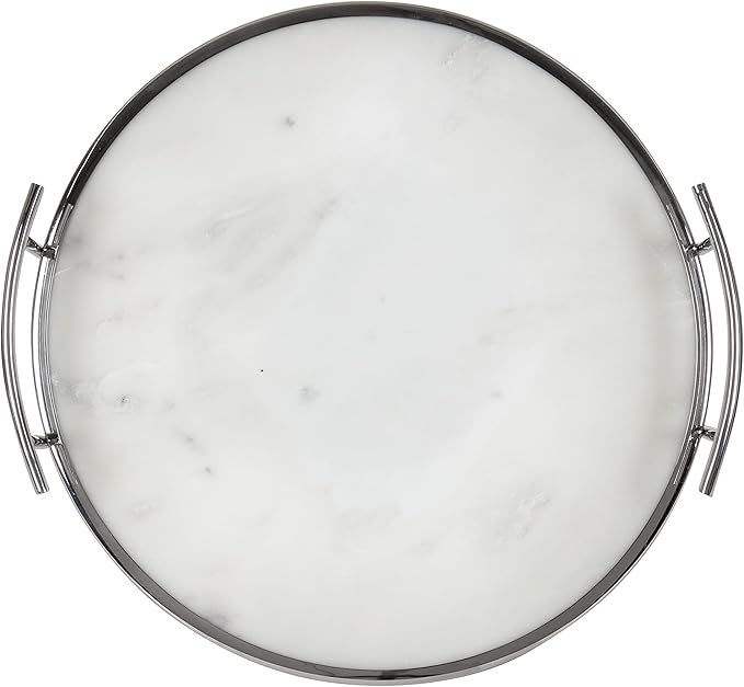 Kate and Laurel Marbury Modern Round Marble Tray; 14 Inch Diameter; Silver; Decorative White Marble Tray for Display and Storage