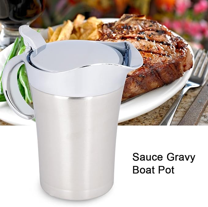 25 oz Gravy Boat Stainless Steel Sauce Gravy Jug Double Wall Insulated Thermal Gravy Boat with Cover and Lip Spout for Gravy Salad Custard Cream Sauce and so on