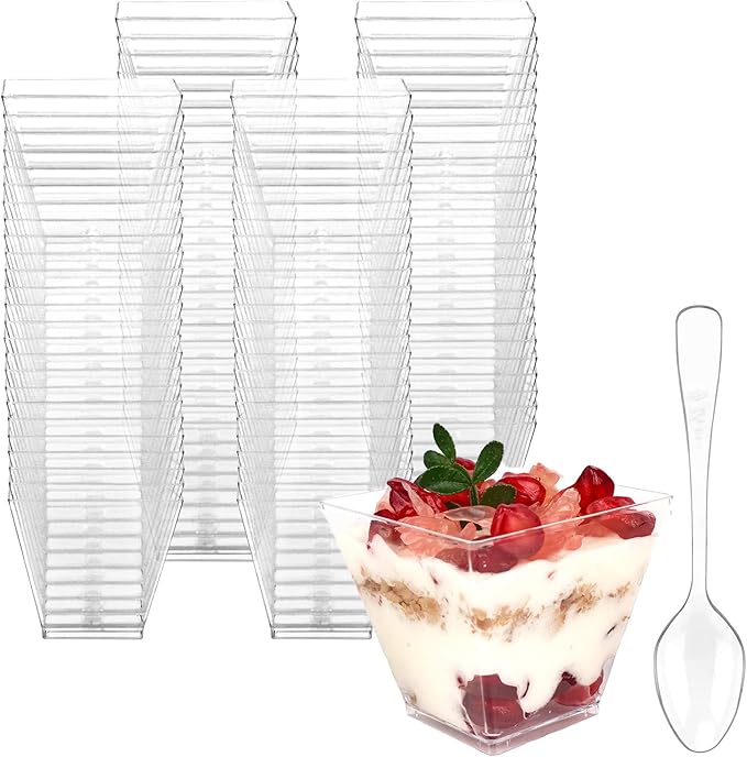 100 Pack 2 oz Mini Dessert Cups with Spoons, Square Clear Plastic Appetizer Cups, Reusable Parfait Cups, Small Dessert Bowls for Serving Fruit Ice Cream Pudding Yogurt