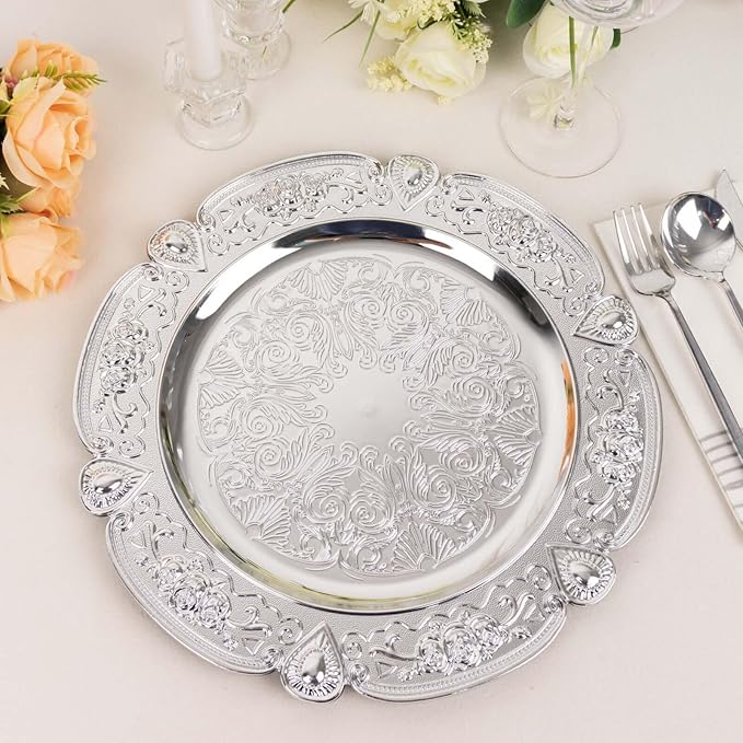 Efavormart 6 Pack Silver Floral Embossed Acrylic Charger Plates With Scalloped Rim, 13" Round Plastic Decorative Serving Plates