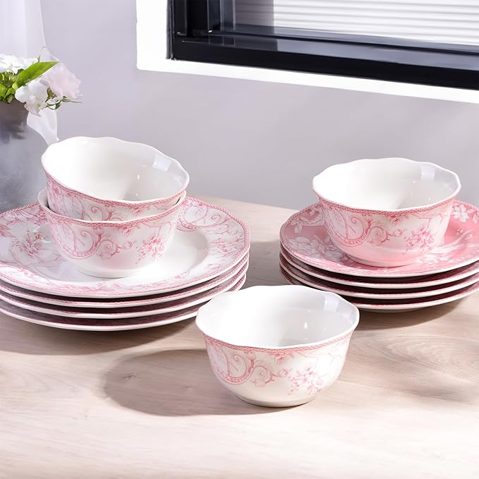 222 Fifth Adelaide Blush 12-Piece Pink Porcelain Dinnerware Set – Service for 4, Plate & Bowl Set, White with Pink Floral Pattern, for Daily Dining & Entertainment, Microwave & Dishwasher Safe
