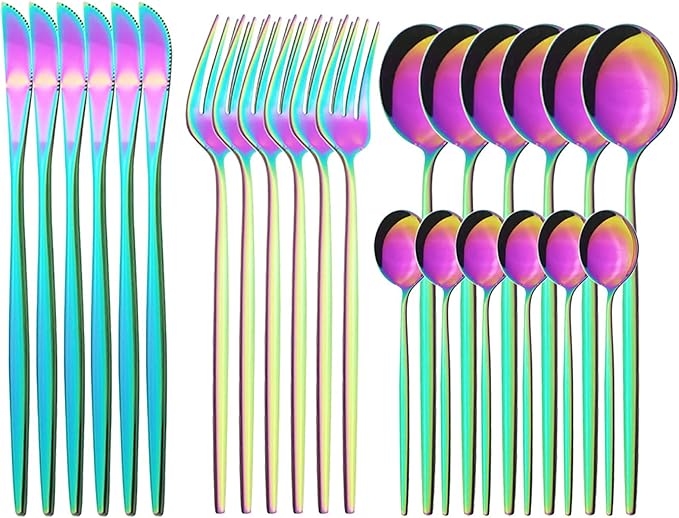 24-Piece Mirror Rainbow Flatware, 18/0 Stainless Steel Dinnerware Set Include Knife Fork Spoon Teaspoon Cutlery Set For Home Restaurant and Party Service For 6, Dishwasher Safe