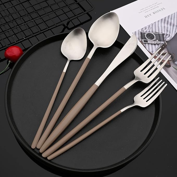 JASHII Slim Handle Silverware Set 20 Pieces, 304 Stainless Steel Colorful Flatware Set, Titanium Plating Cutlery Set, Utensil Sets for Home Dinner Service for 4, Dishwasher Safe - Brown&Silver