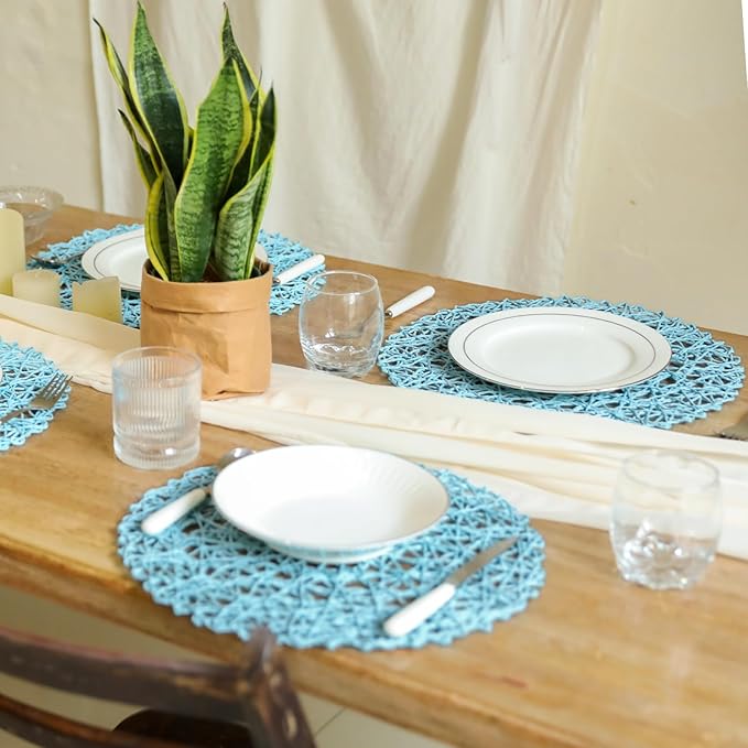 AHHFSMEI Paper Braided Round Placemats Set of 6 Natural Non-Slip Heat Resistant Table Mats for Dining Tables Woven Indoor Outdoor Place mats(Light Blue)