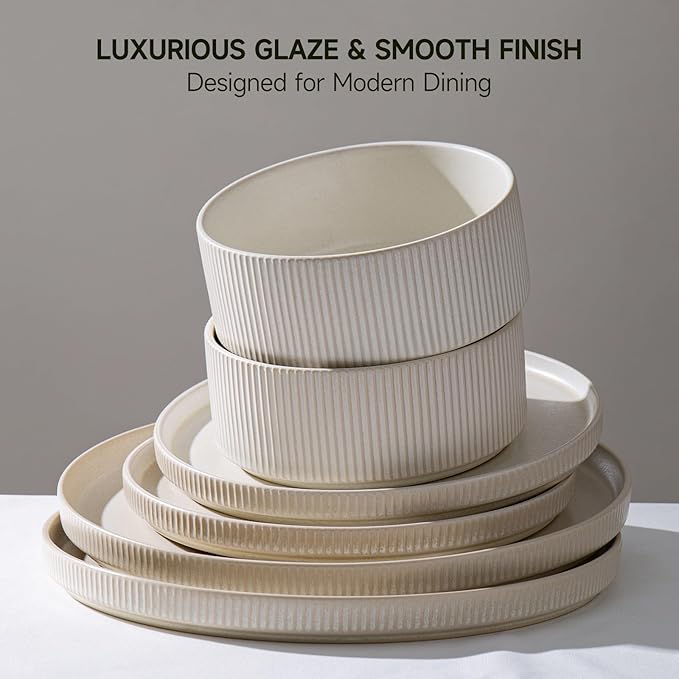 Dinnerware Set Service for 8, 24-Piece Ceramic Plates and Bowls Set, Chip & Scratch Resistant, Microwave and Dishwasher Safe, Modern Minimalist Tableware for Everyday Use, Matte White