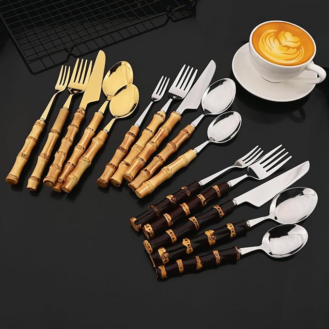 JASHII 20-piece Silver Stainless Steel Flatware Cutlery Set Silverware Knife Fork Spoon Set Bamboo Handle Dishwasher Safe for Dinner Buffet