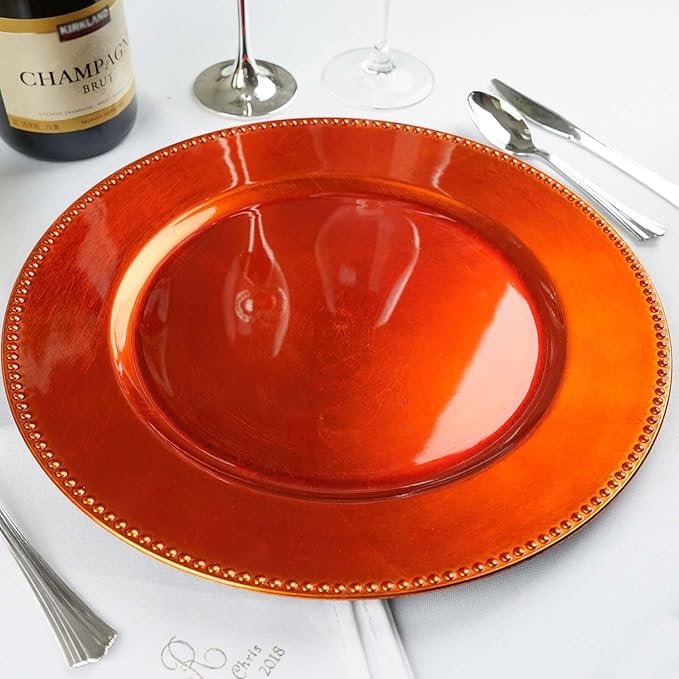 13" Charger Plates -Set of 12 - Acrylic Orange Round Beaded Disposable Chargers, Ideal for Dinner Party Wedding Bulk Events Tabletop Decoration