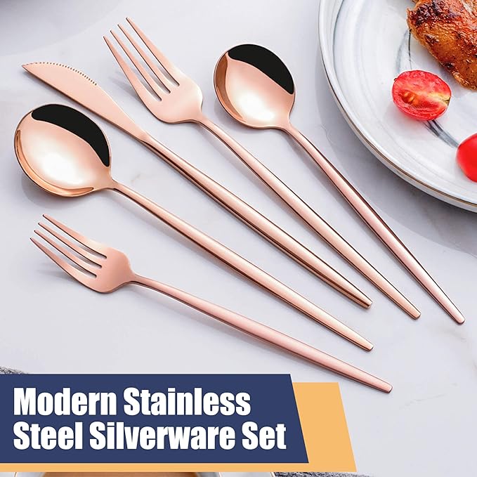 20 Piece Copper Silverware Set,Stainless Steel Flatware Cutlery Set Service for 4 Including Forks Spoons Knives,Kitchen Utensil Set,Tableware for Home and Restaurant, Dishwasher Safe