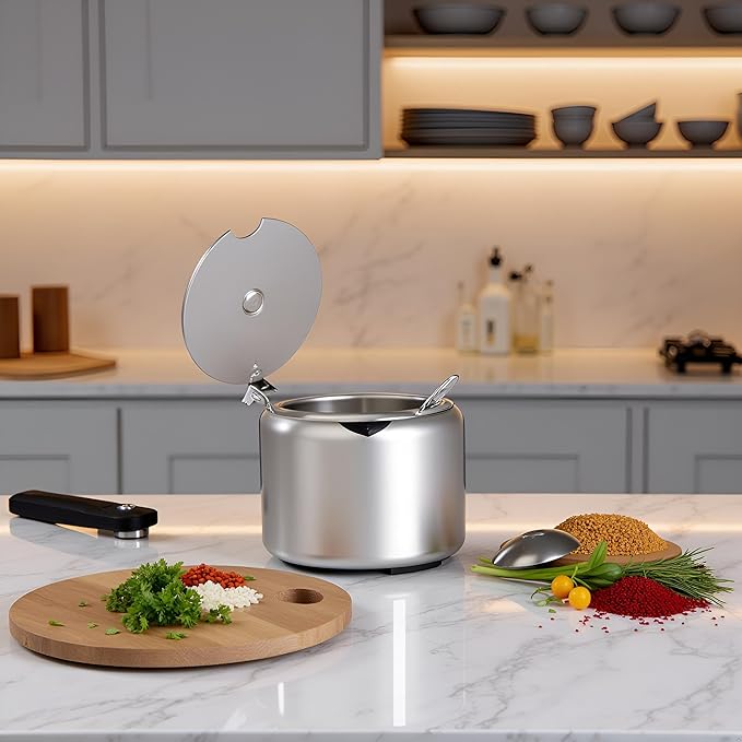 Set of Silver 285ml Stainless Steel Sugar Bowl with Spoon,Condiment Seasoning Pot Sugar Canister with Spoon - Storage Tank for Various Seasonings and Spices,Dinnerware and Serveware Kitchen Gadgets