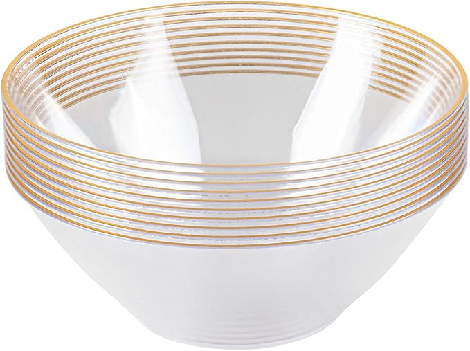 [6 OZ 20 Count] Clear Plastic Organic Party Dessert bowls ice cream bowl With Gold Rim Premium heavyweight Elegant Disposable Tableware Dishes