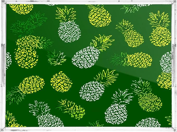 Serving Tray with Handles Clear Acrylic Tray 12x16 Inch Decorative Rectangular Tray Organizer for Ottoman Coffee Table Bathroom Green Pineapple