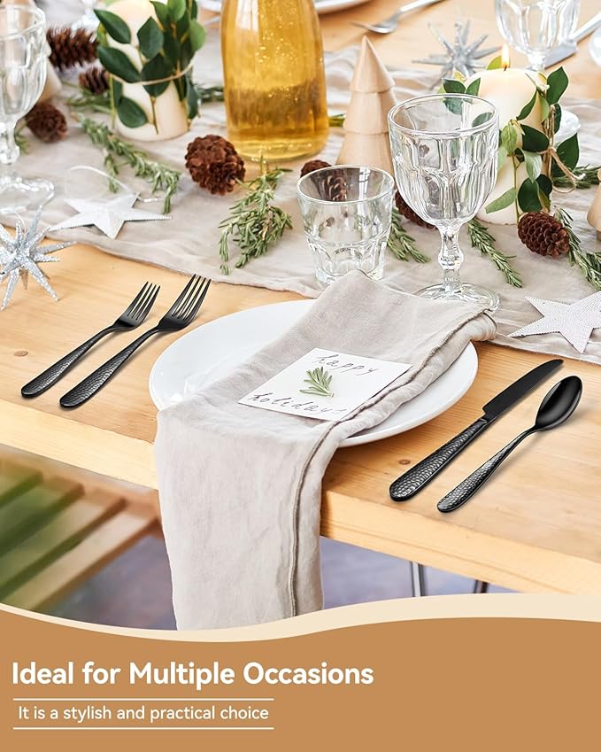 Hammered Silverware Set for 4, Heavy Duty 18/0 Black Flatware Set with Steak Knives, Aswwid 24 Pcs Stainless Steel Kitchen Cutlery Set Include Forks Spoons and Knives, Mirror Utensil Dishwasher Safe
