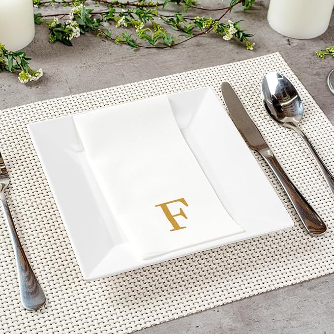 Luxenap 15.8 X 7.9 Inch Linen-Feel Guest Towels, 50 Lettered Hand Towels - Gold Letter 'F', Sans Serif Font, White Paper Dinner Napkins, airlaid, For Restrooms And Tables - Restaurantware