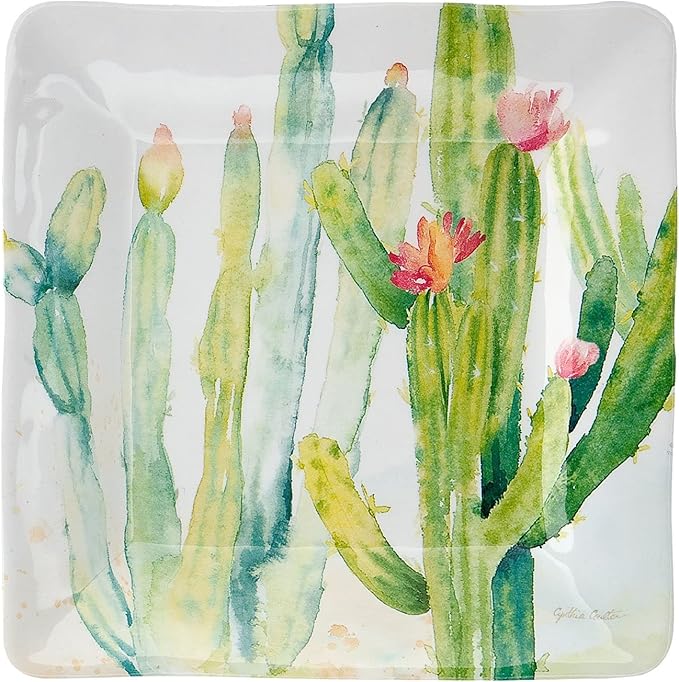 UP UPware Cactus Melamine Square Dessert Plates, Small Serving Plates, for Appetizer, Snacks, and Side Dishes, Multicolor, 6 Inch, Set of 4