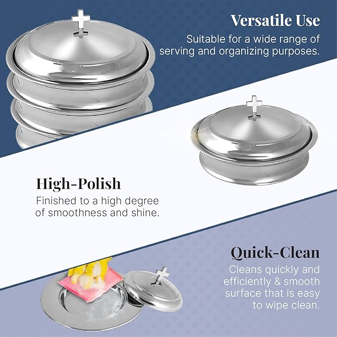 Communion Ware Church Set | Stackable 2 Communion Trays with Cover & 2 Bread Plates with Cover, 80 Cups Included | Ideal for Churches | Stainless Steel - Shiny (Silver) Finish