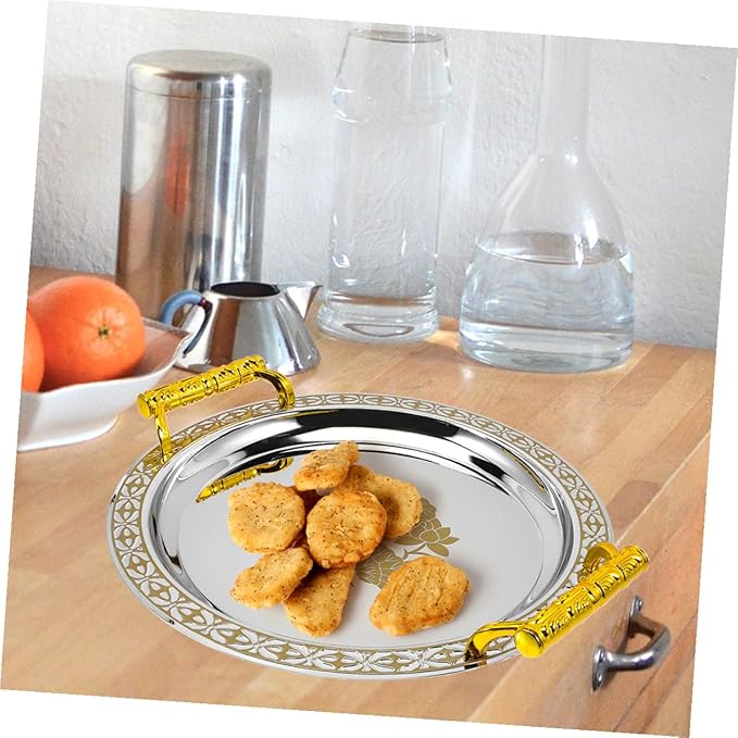 European Style Fruit Serving Tray Gold Patterned Round Appetizer Plate Sturdy Plastic and Stainless Fruit Holder for Home Buffet Party