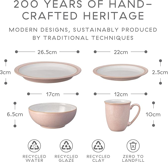 Denby - Elements Sorbet Pink Dinner Set For 1-4 Piece Ceramic Tableware - Dishwasher Microwave Safe Crockery Single Place Setting - 1 x Dinner Plate, 1 x Small Plate, 1 x Cereal Bowl, 1 x Coffee Mug