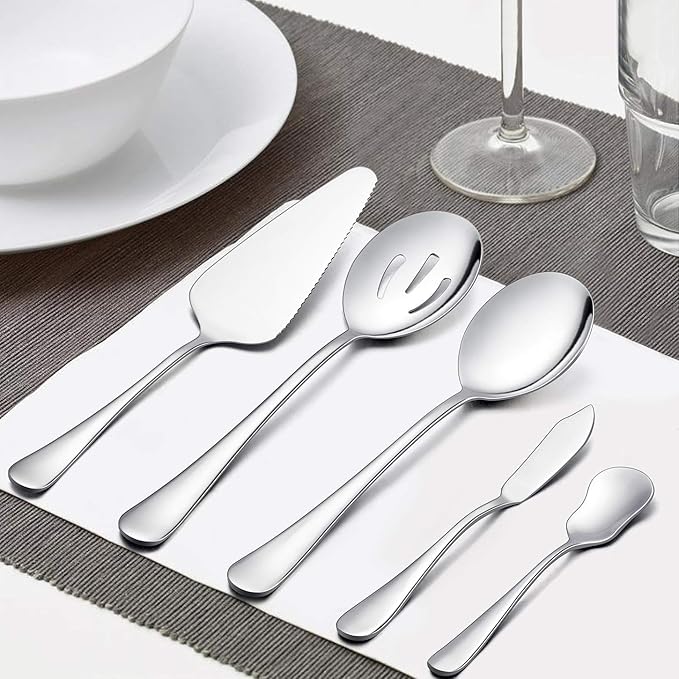 LIANYU 5-Piece Hostess Silverware Set, Stainless Steel Flatware Serving Utensils, Including Serving Spoon Set, Mirror Finished, Dishwasher Safe