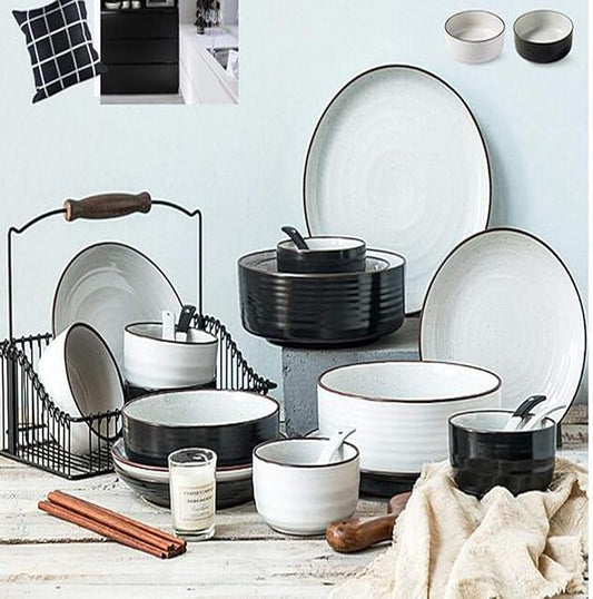 Ceramic Bowls Plates Dinnerware Set Crockery Dinner Set Dessert Plate Black and White Collocation Contracted Style Fashion and Durable,B,B