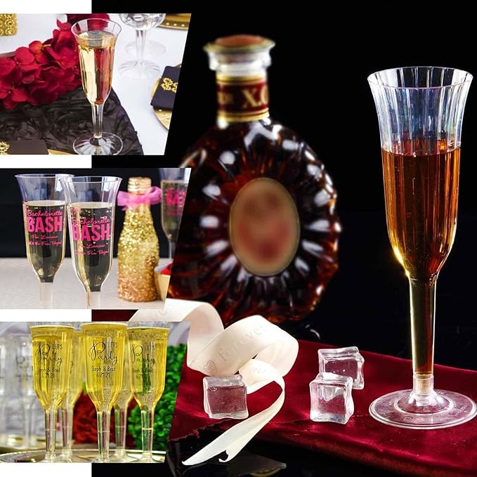 TCF Linen 12 Pack Clear with Gold Glitter Plastic Champagne Flutes, 6oz Flared Disposable Glasses Elegant Reusable Look Shatterproof Stemware for Weddings Parties Catering Toasts