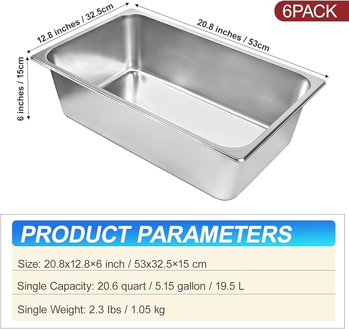6 Pack Full Size Steam Table Pans,Stainless Steel Hotel Pan,1/1 6 Inch Deep Anti Jam Commercial Table Pan,20.8" L x 13" W Catering Pans Food Pans for Hotels, Restaurants and Home Use