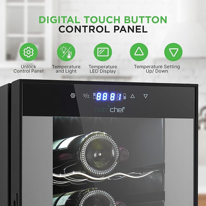 Nutrichef 18 Bottle Wine Fridge - Dual Zone Wine Chiller, Adjustable Temperature 41°F to 64°F, Ultra Quiet Operation, Free Standing Wine Cooler For Home, & Office, 32 x 11 x 26 IN (Black)