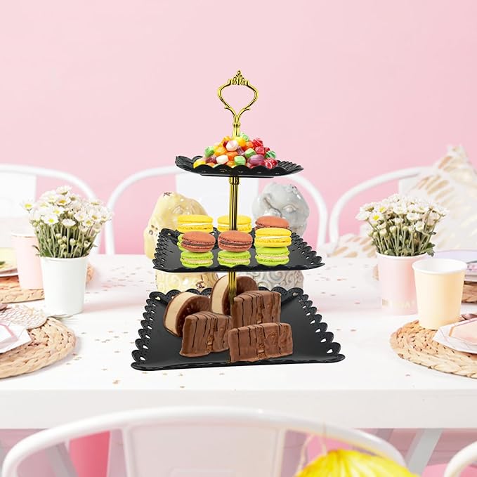 5 Pcs Cupcake Stand Set, Dessert Table Display Set with 2xSquare 3-Tier Cake Stands Holder + 3X Appetizer Trays Suitable for Birthday Wedding Tea Party Baby Shower (Black, Lace Hole Square)