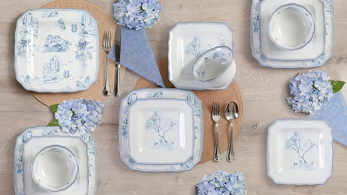 222 Fifth 12-Piece Porcelain Dinnerware Set for 4, Glossy White Plates and Bowls Set with Blue Decal, Elegant Square Ceramic Dish Set, Kitchen Tableware, Microwave & Dishwasher Safe, Scenic Toile