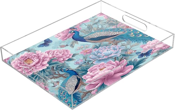 Serving Tray with Handles Clear Acrylic Tray 12x16 Inch Decorative Rectangular Tray Organizer for Ottoman Coffee Table Bathroom Light Blue Peacock Butterflies and Flowers